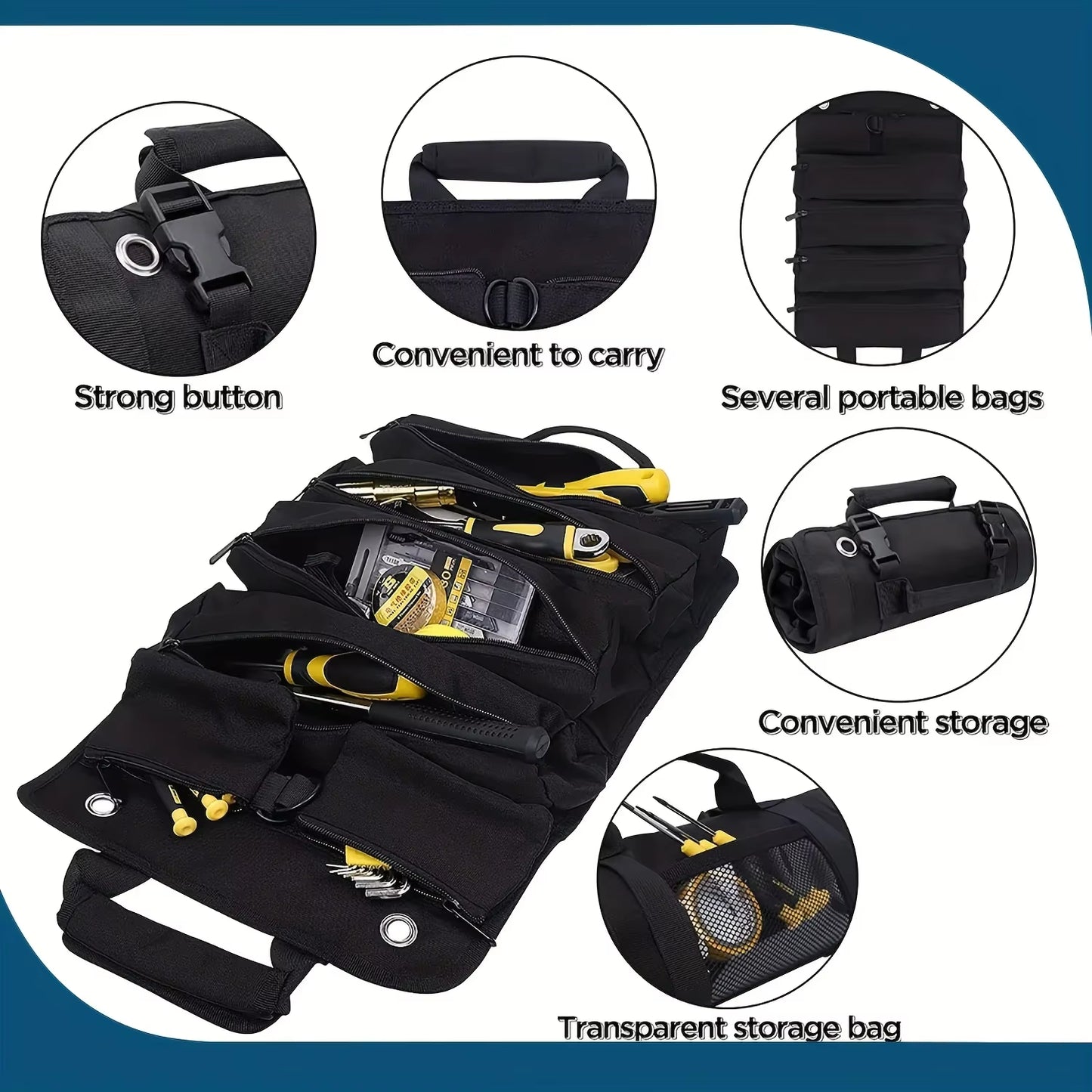 Tool Bag Organizers - Small Tool Bag with Detachable Pouches , Heavy Duty Roll up Tool Bag Organizer with 6 Tool Pouches