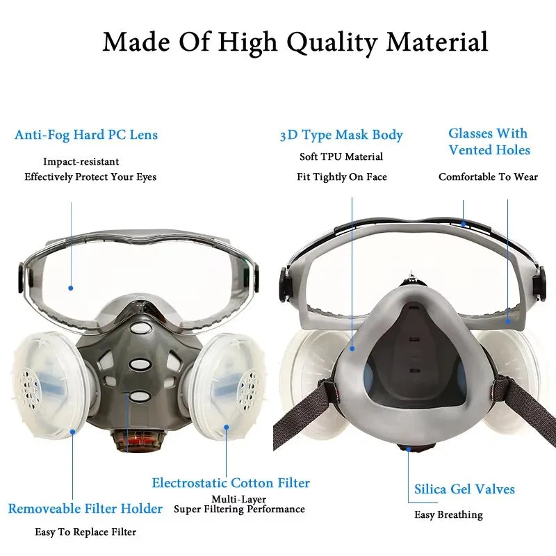 Respirator with Anti-Fog Safety Glasses Integral Full Dust Mask for Painting Polishing Woodwork Work Safe Dustproof Face Mask