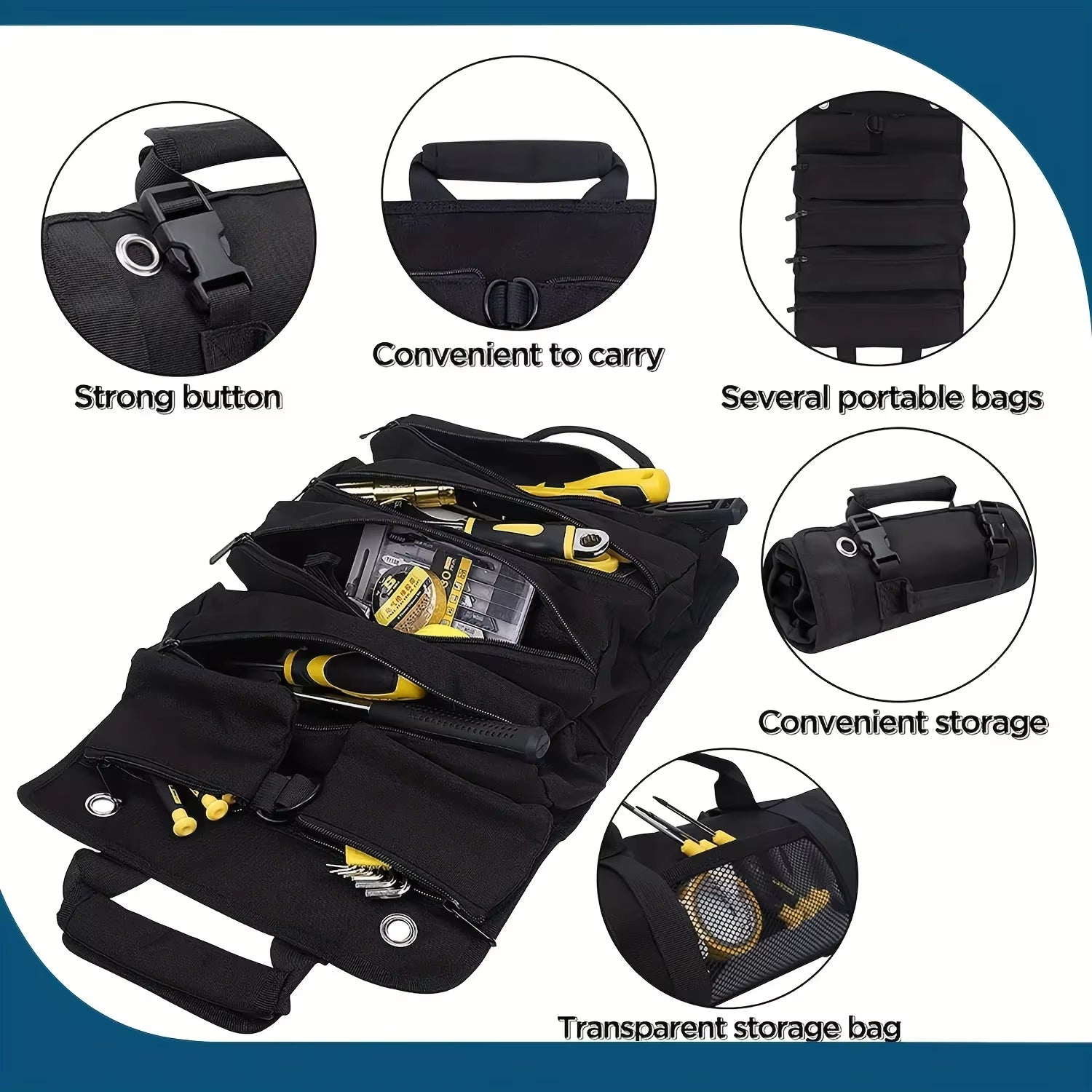 Tool Bag Organizers - Small Tool Bag with Detachable Pouches , Heavy Duty Roll up Tool Bag Organizer with 6 Tool Pouches