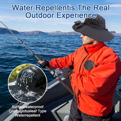 Wide Brim Solar Fan Outdoor Fishing Hat,Men Sun Hat with 2 Solar Fan Fishing Hats